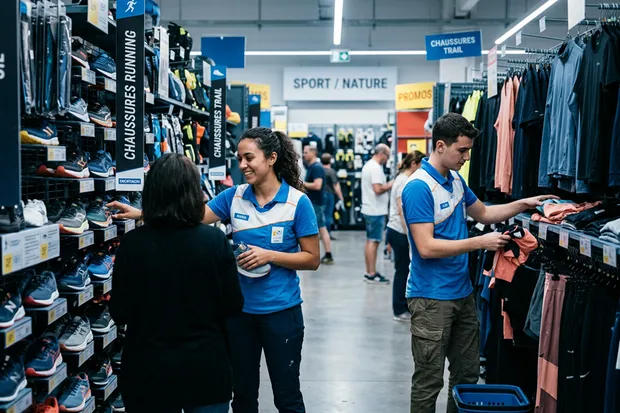 Decathlon store staff helping customers on the shop floor