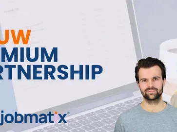 Announcement "New premium partnership" with the Jobmatix logo beside a colleague at a laptop